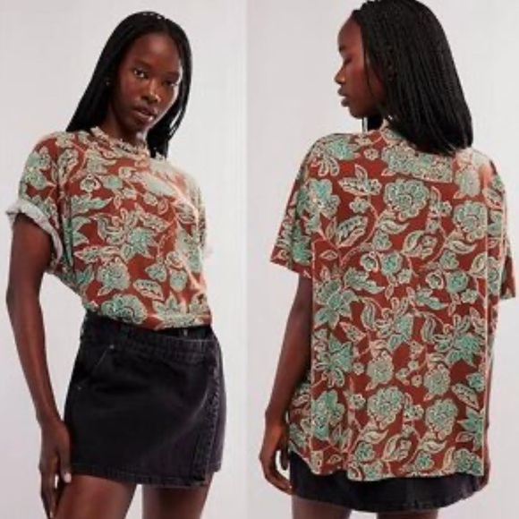 Free people Nina Boheme brown floral tshirt nwot medium - Picture 1 of 2